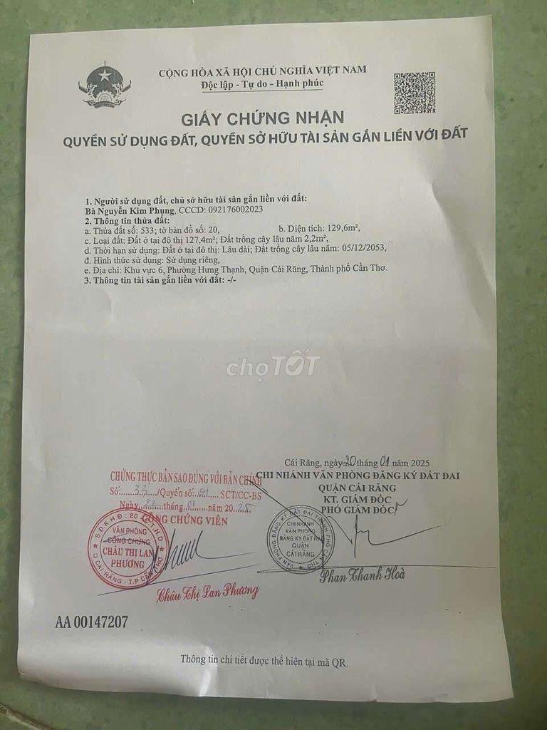 Bán đất Thổ cư, mặt tiền bờ kè sông Cái Răng