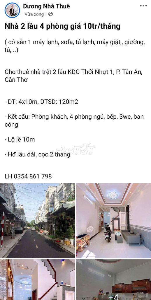 Nhà 2 lầu 4 phòng cho thuê 10tr/tháng tại Cần Thơ