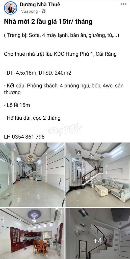 Nhà mới 2 lầu cho thuê 15tr/tháng tại Cần Thơ