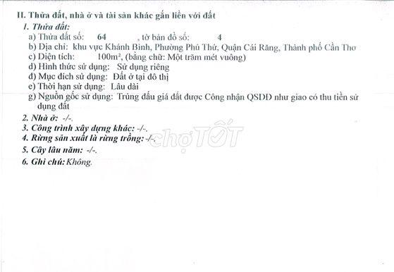 Đất thổ cư, DT: 5m x 20m, phường Phú Thứ, SHR. Giá 800 triệu.